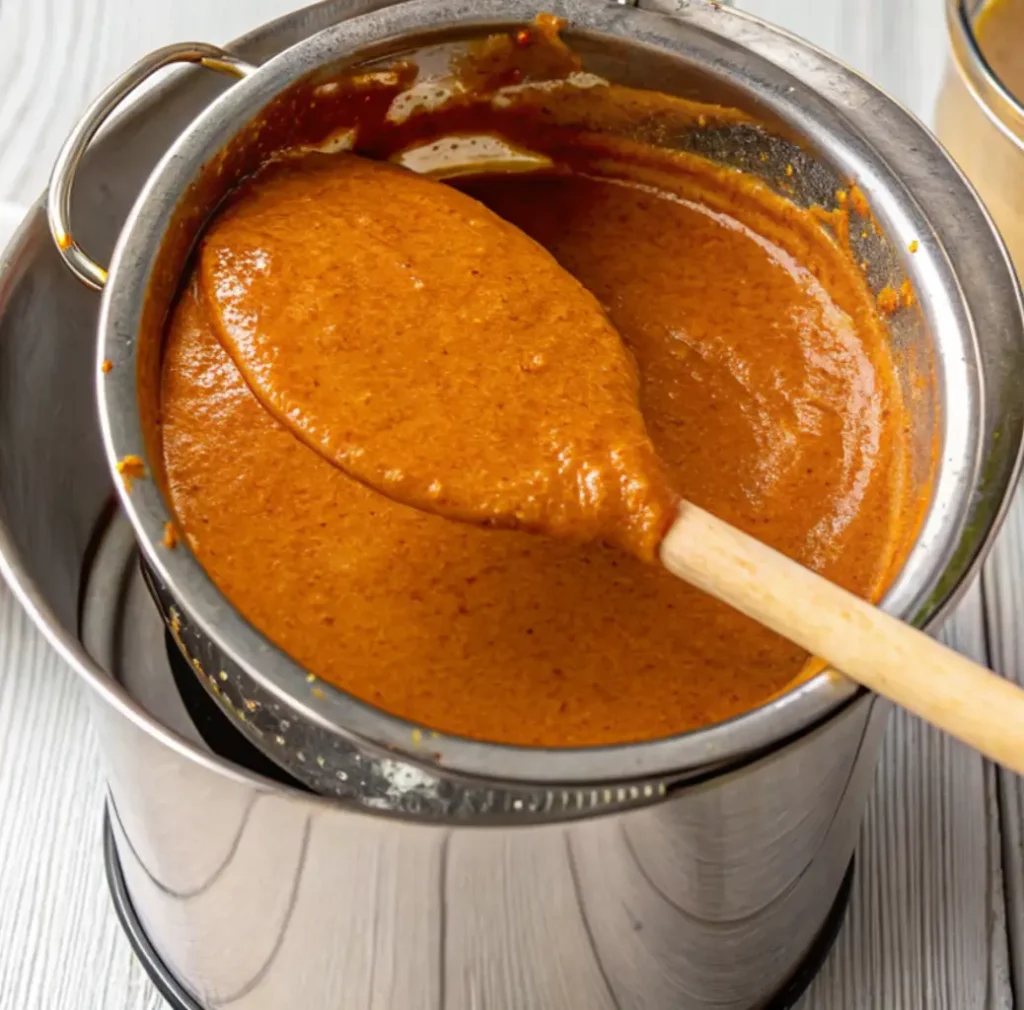 Thick, blended birria sauce is filtered through a metal sieve to remove solids, revealing its smooth texture and rich reddish-orange color.