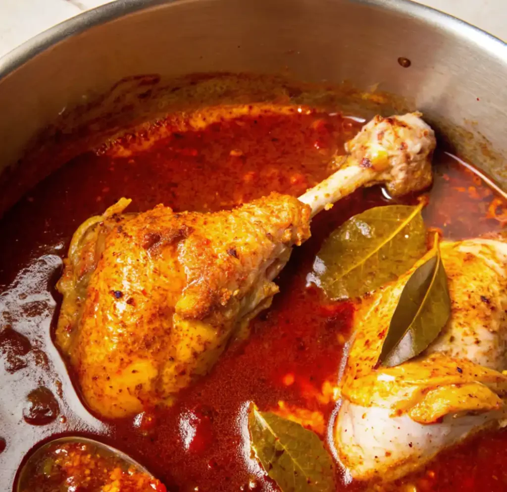 Two chicken drumsticks pieces and bay leaves braising in a pot of thick, reddish-orange birria sauce