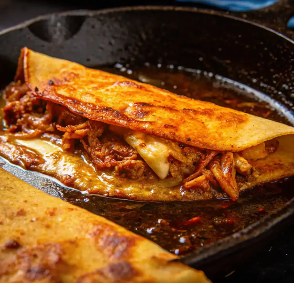 Close-up of a golden, crispy Chicken birria tacos filled with shredded chicken and cheese, sizzling in flavorful red chili oil in a black cast iron skillet.