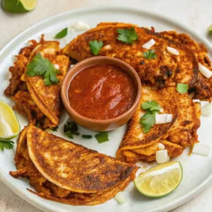 Four golden-brown Chicken birria tacos are served on a white plate with a bowl of consommé, fresh cilantro, diced onions, and lime wedges.
