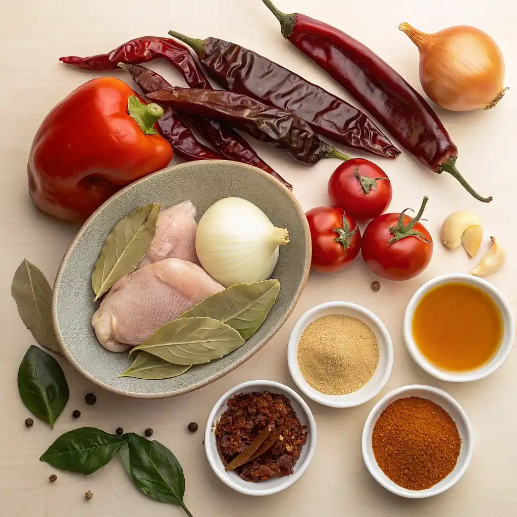 Ingredients laid out for Chicken birria tacos, including chicken breasts, dried chiles, fresh produce, oil, and small bowls of ground spices.