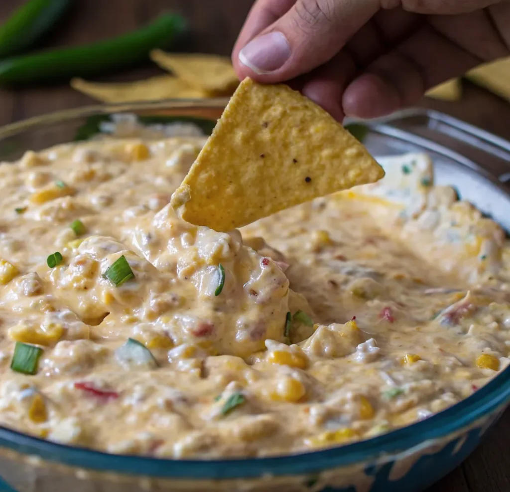 A hand dips a tortilla chip into a bowl of corn dip with cream cheese that contains corn kernels, red peppers, and green onions. The dip has a rich, golden color and a thick, inviting texture.