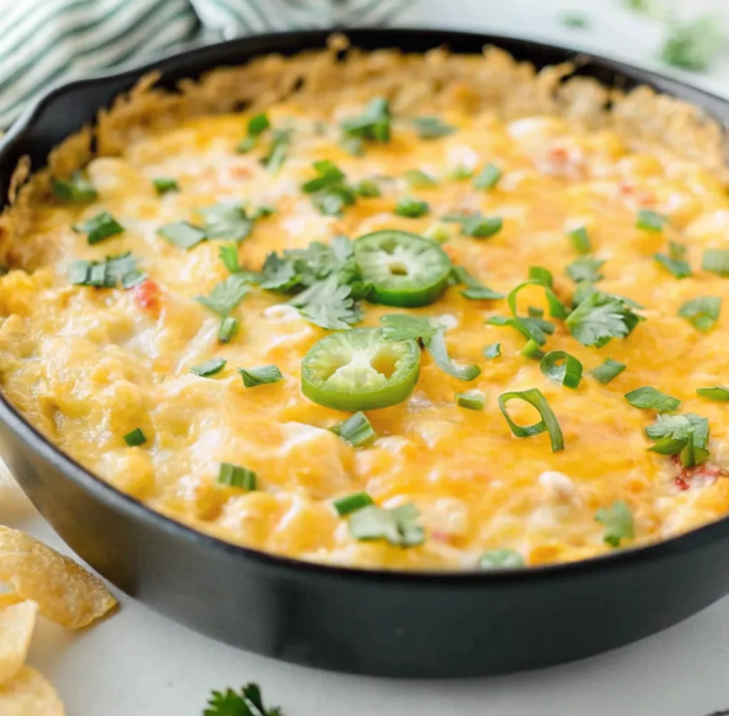A piping hot, baked corn dip with cream cheese with a bubbly, golden-brown cheddar cheese topping in a cast-iron skillet. It's garnished with fresh slices of jalapeño, chopped green onion, and cilantro.