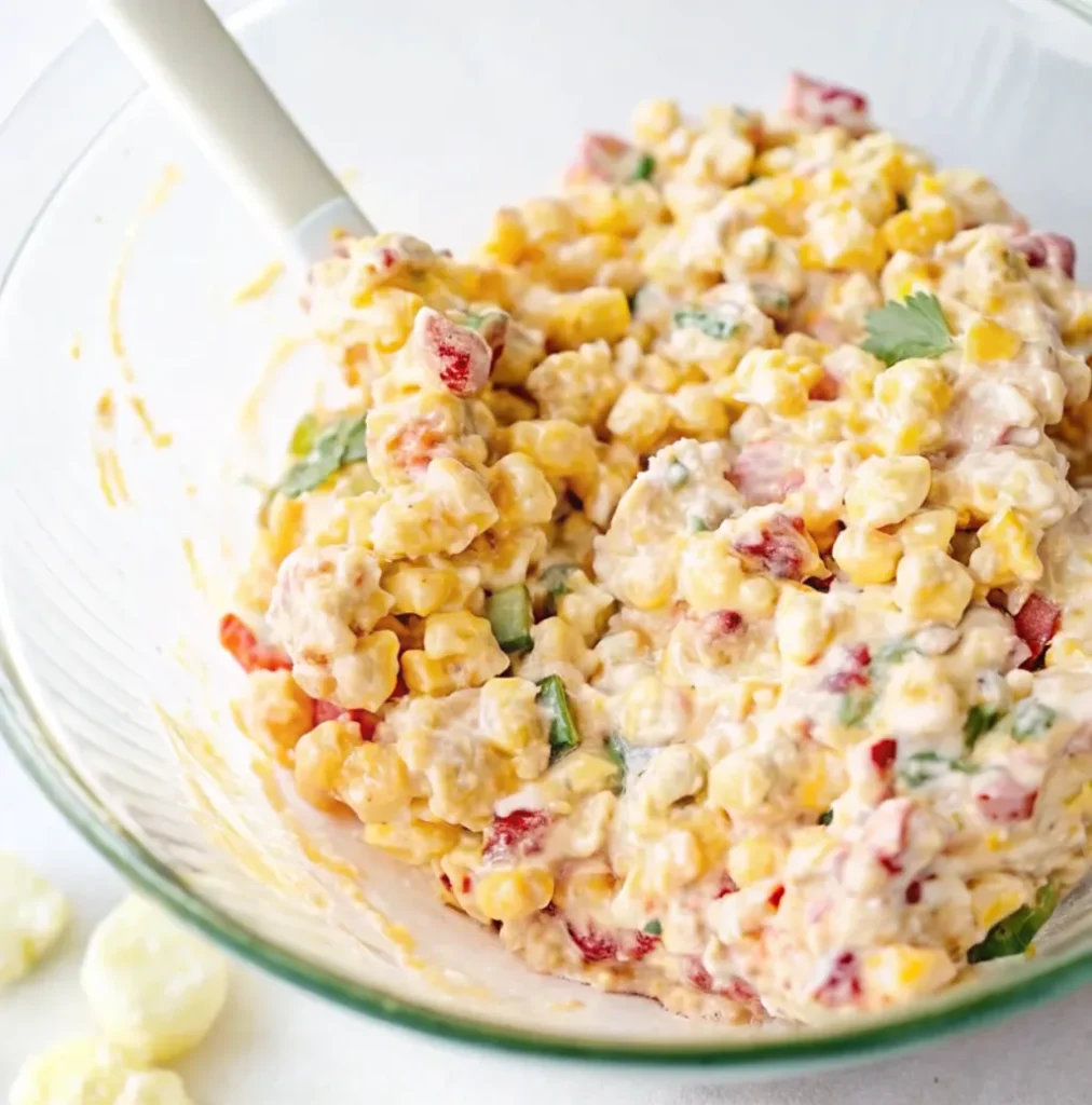 creamy corn dip mixed in a glass bowl with a white spatula. The dip features corn kernels, Cream Cheese. shredded cheese. jalapeños, green onions, and seasonings, coated in a cheesy, creamy sauce.