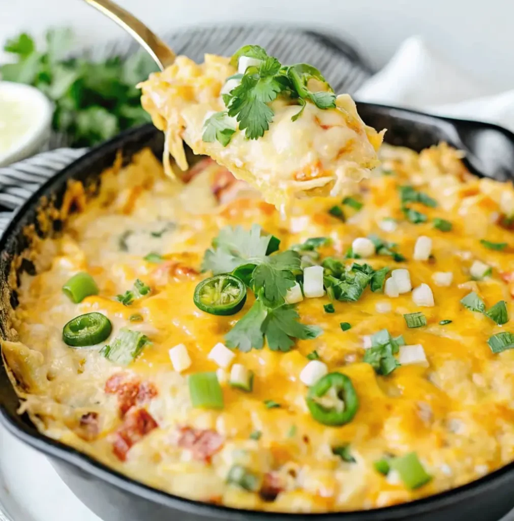 A piping hot, baked corn dip with cream cheese with a bubbly, golden-brown cheddar cheese topping in a cast-iron skillet. It's garnished with fresh slices of jalapeño, chopped green onion, and cilantro.