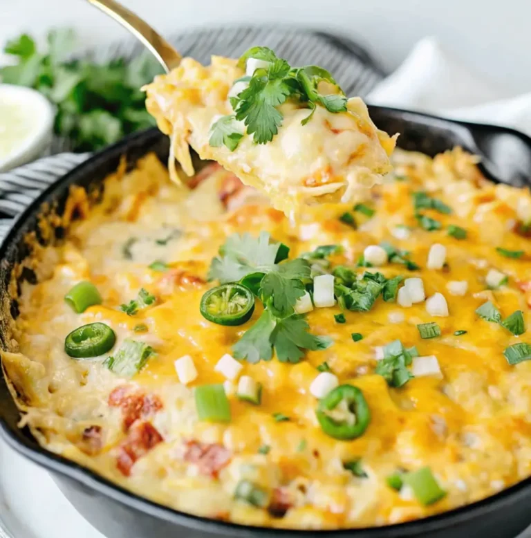A piping hot, baked corn dip with cream cheese with a bubbly, golden-brown cheddar cheese topping in a cast-iron skillet. It's garnished with fresh slices of jalapeño, chopped green onion, and cilantro.