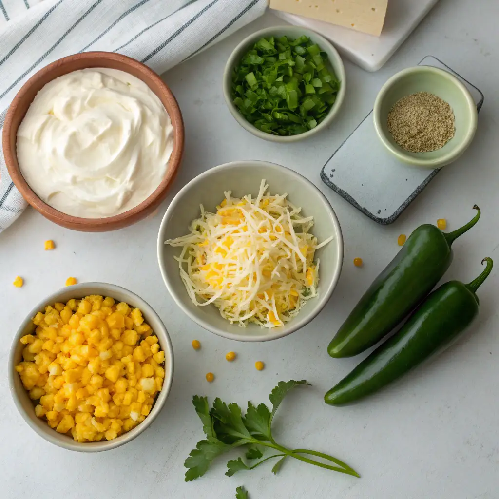 A collection of fresh ingredients for Corn Dip with Cream Cheese, including corn kernels, shredded cheese, sour cream, jalapeños, green onions, and seasonings, ready for mixing.