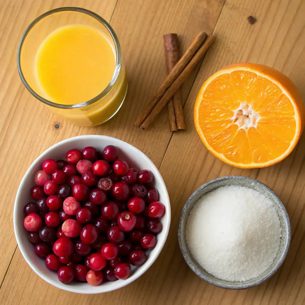 ingredients for cranberry sauce with orange juice: a bowl of fresh cranberries, a glass of orange juice, a halved orange, cinnamon sticks, and a bowl of sugar, all on a wooden surface.