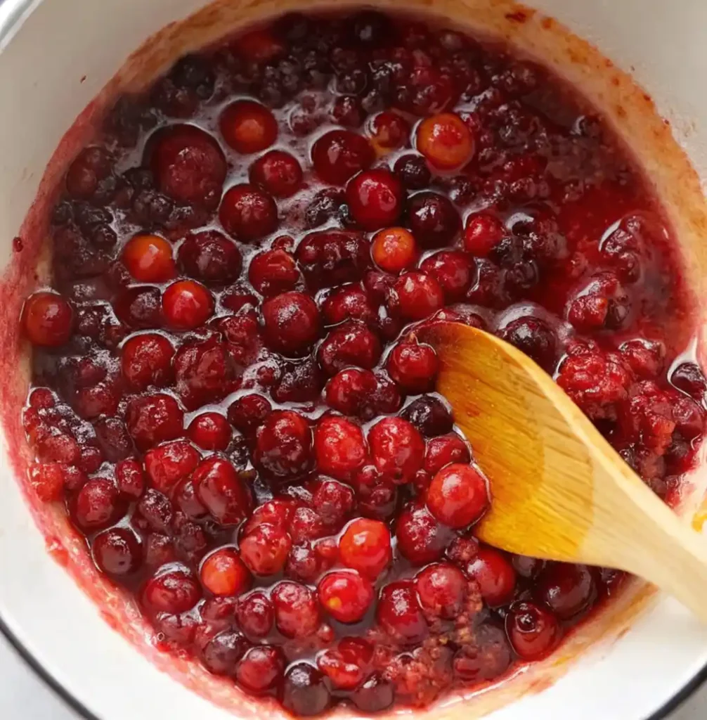 A close-up view of fresh cranberries simmering in a deep red sauce in a white pot, being gently stirred by a wooden spoon. The berries are just beginning to break down.
