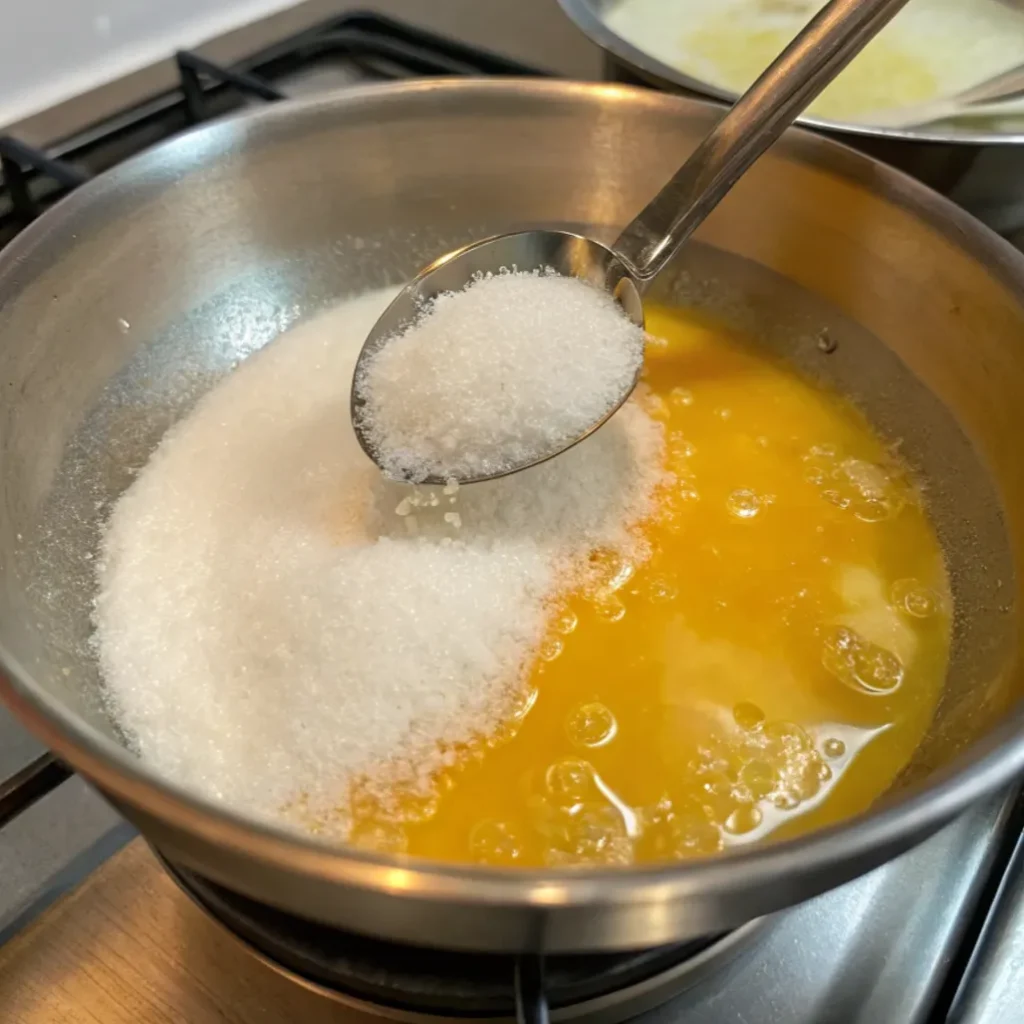 stainless steel saucepan on a stovetop containing bright orange juice. A large spoon is pouring white granulated sugar into the juice, beginning the process of making cranberry sauce with orange juice.