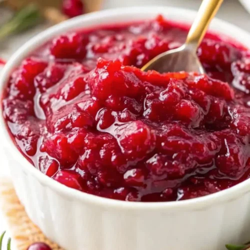 homemade cranberry sauce with orange juice, showing its jewel-toned, ruby-red color and chunky texture. It is served in a small white bowl with a gold spoon.