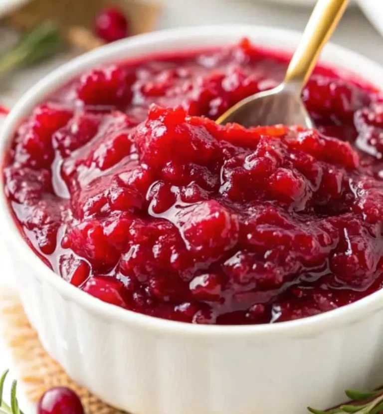 homemade cranberry sauce with orange juice, showing its jewel-toned, ruby-red color and chunky texture. It is served in a small white bowl with a gold spoon.