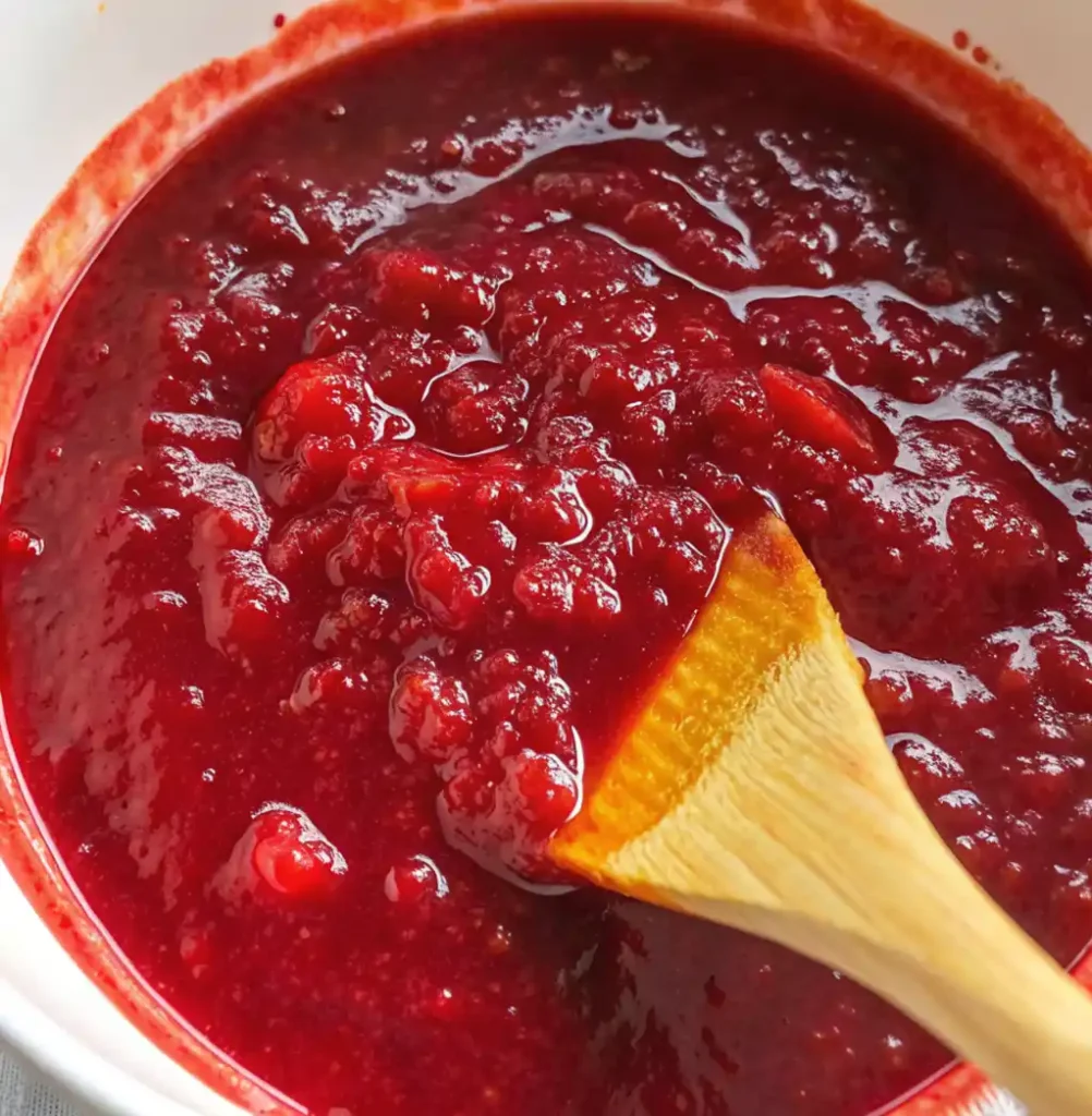 A close-up of fully cooked homemade cranberry sauce with orange juice, showing its thick, jam-like texture and vibrant, deep ruby-red color. A wooden spoon rests in the pot.