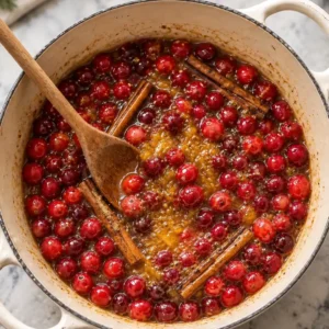 Homemade cranberry sauce simmered with orange juice and whole cinnamon sticks in a white Dutch oven, stirred with a wooden spoon.