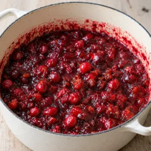 Thick homemade Cranberry sauce cooked with fresh orange juice and orange zest inside a white Dutch oven.