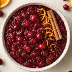 Homemade Cranberry sauce with orange juice served in a ceramic bowl, garnished with fresh orange curls and cinnamon sticks.