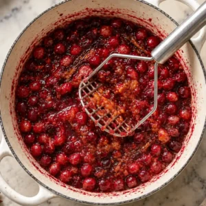 Mashing warm cranberry sauce simmered with orange juice using a stainless steel potato masher in a white Dutch oven.