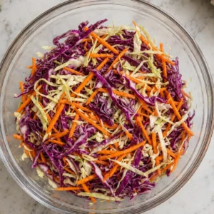 Top-down view of shredded green cabbage, purple cabbage, and julienned orange carrots tossed together in a large clear glass bowl on a marble surface for an easy coleslaw recipe.