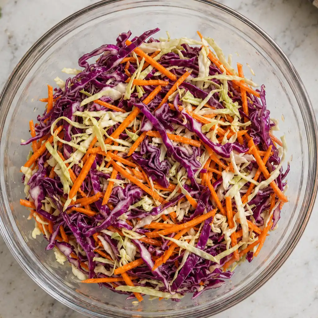 Top-down view of shredded green cabbage, purple cabbage, and julienned orange carrots tossed together in a large clear glass bowl on a marble surface for an easy coleslaw recipe.