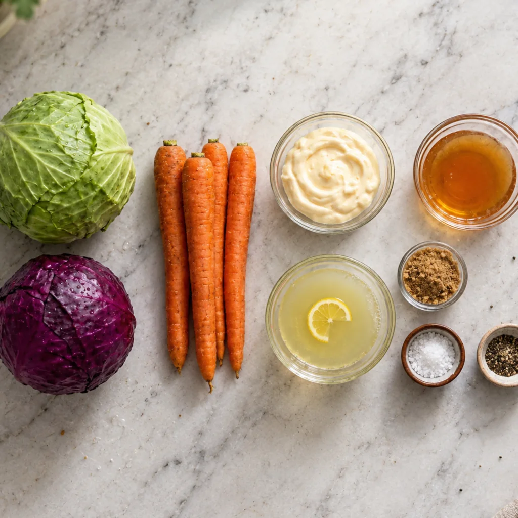 easy coleslaw recipe ingredients: green cabbage, red cabbage, whole carrots, mayonnaise, apple cider vinegar, lemon juice, brown sugar, salt, and black pepper on a marble surface.