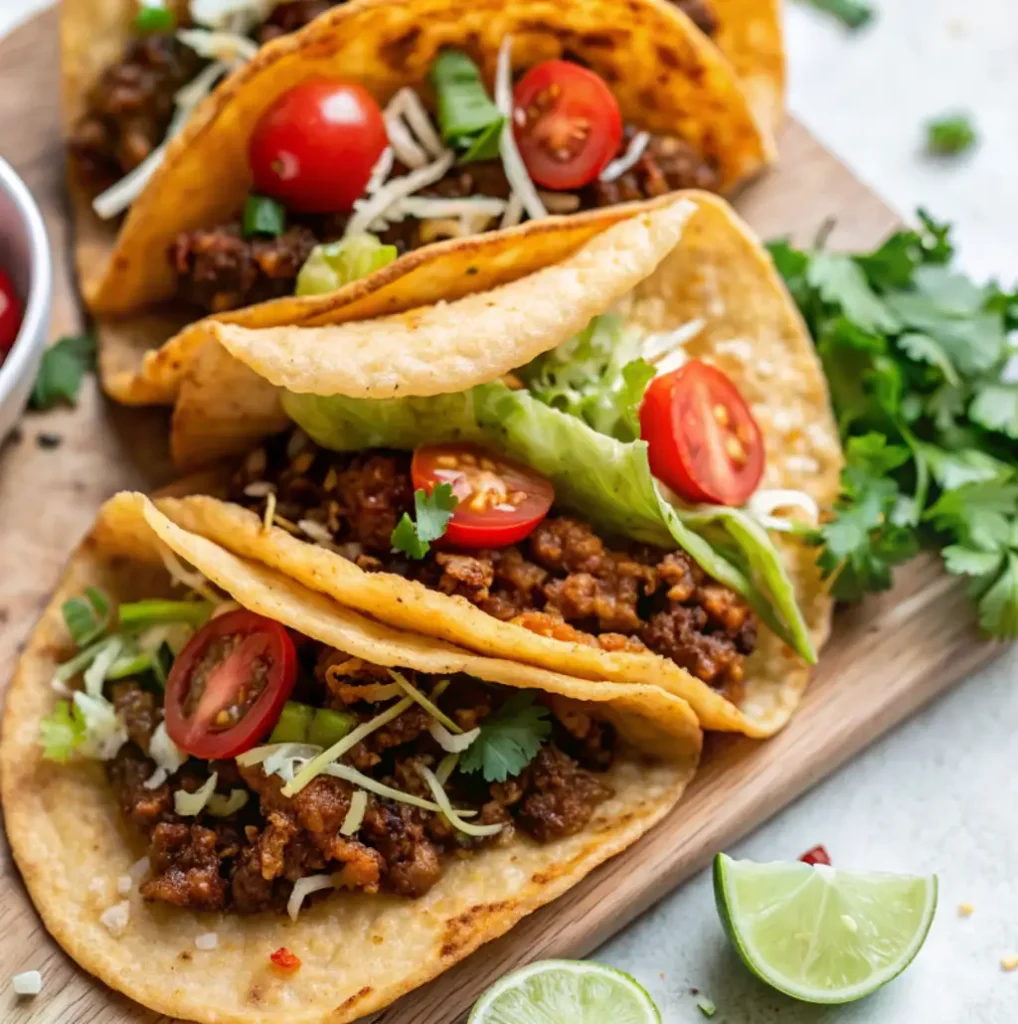 Two delicious, crispy-shelled Gringo Tacos filled with seasoned ground beef, shredded cheese, shredded lettuce, and halved cherry tomatoes, served on a wooden board with lime halves.