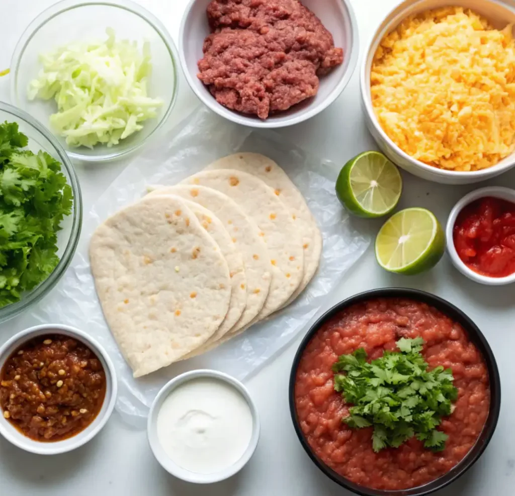 An overhead flat lay of Gringo Taco ingredients, including ground beef, shredded cheese, flour tortillas, sour cream, salsa, limes, shredded lettuce, and fresh cilantro.
