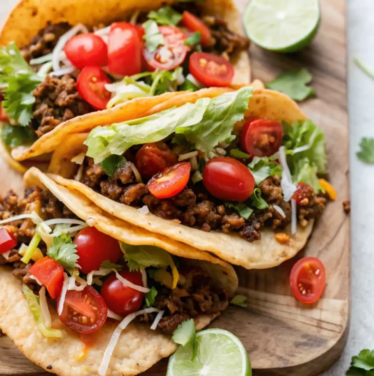 Two delicious, crispy-shelled Gringo Tacos filled with seasoned ground beef, shredded cheese, shredded lettuce, and halved cherry tomatoes, served on a wooden board with lime halves.