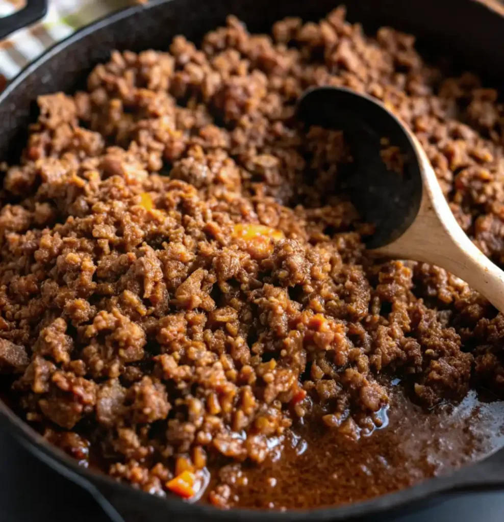 A close-up of seasoned ground beef (or taco meat) simmered in a dark cast iron skillet, with some savory juices visible at the bottom and a wooden spoon resting in the mix.