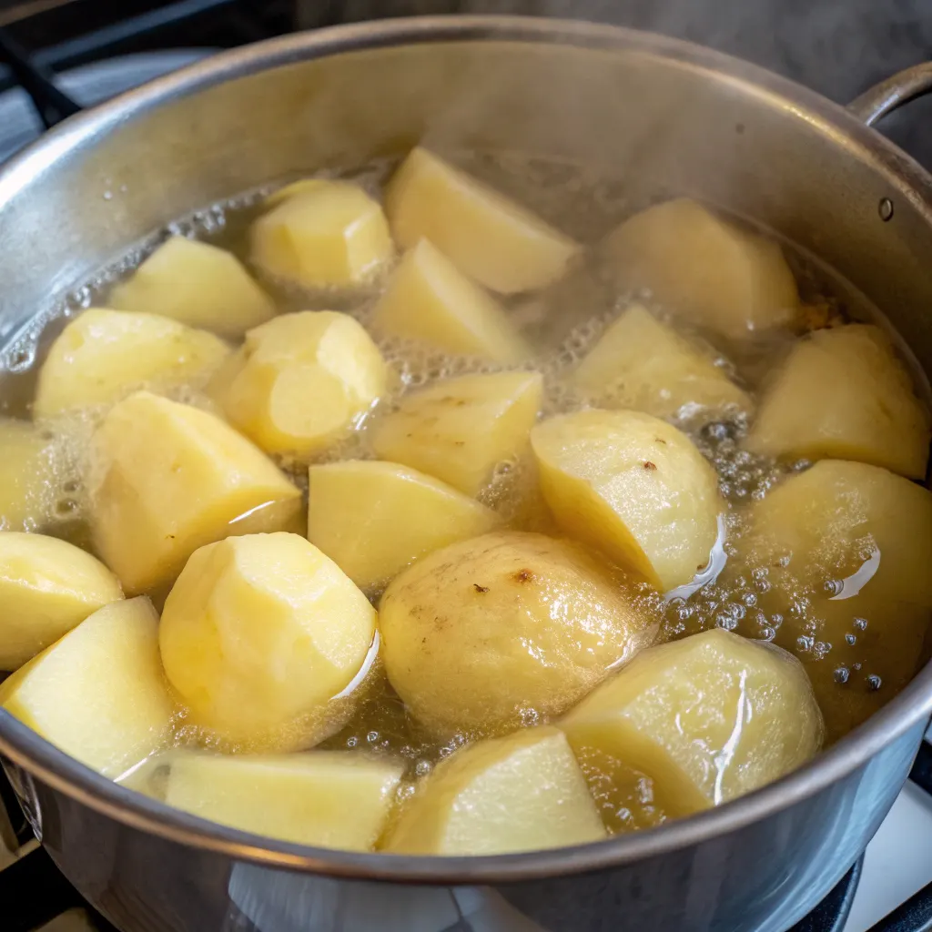 Peel and chop the potatoes and place them in salted water in a saucepan.