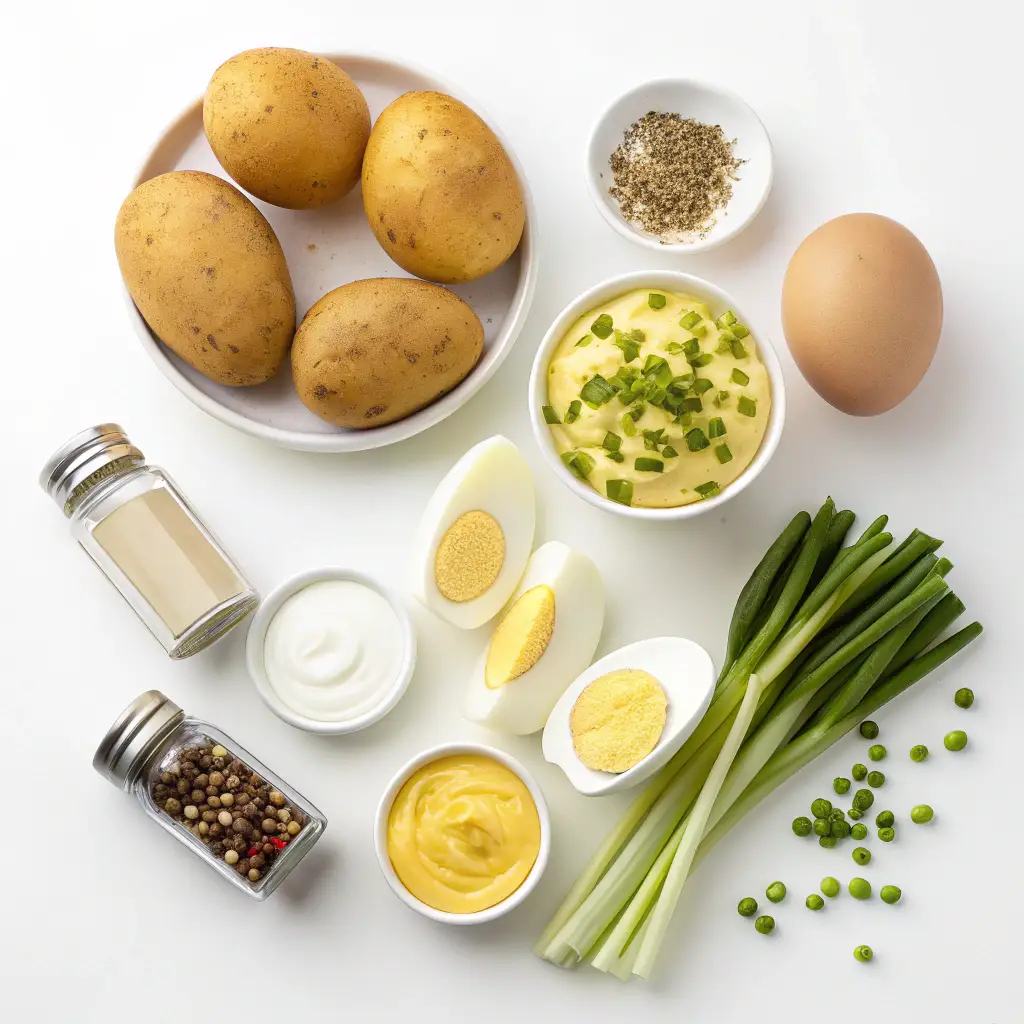 ingredients Mashed Potato Salad Potatoes. Mayonnaise. Mustard. Boiled eggs. Celery and onions .Spices