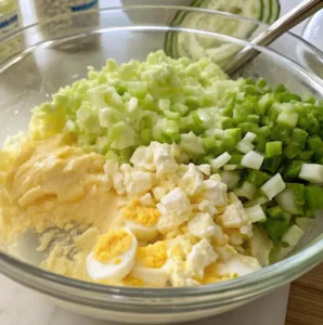 Mix the mashed potatoes with the sauce, celery, onion, and egg in a glass bowl.