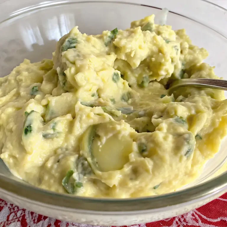 A clear glass bowl holds a creamy, pale yellow mashed potato salad, generously mixed with bright green herbs like parsley or chives.