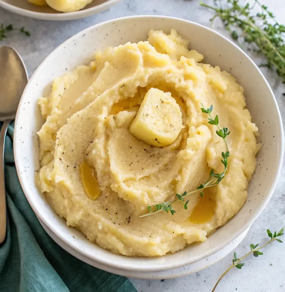 A serving of creamy Mashed Potato Squash in a white bowl, generously drizzled with melted butter and sprinkled with black pepper, and garnished with a sprig of fresh thyme.