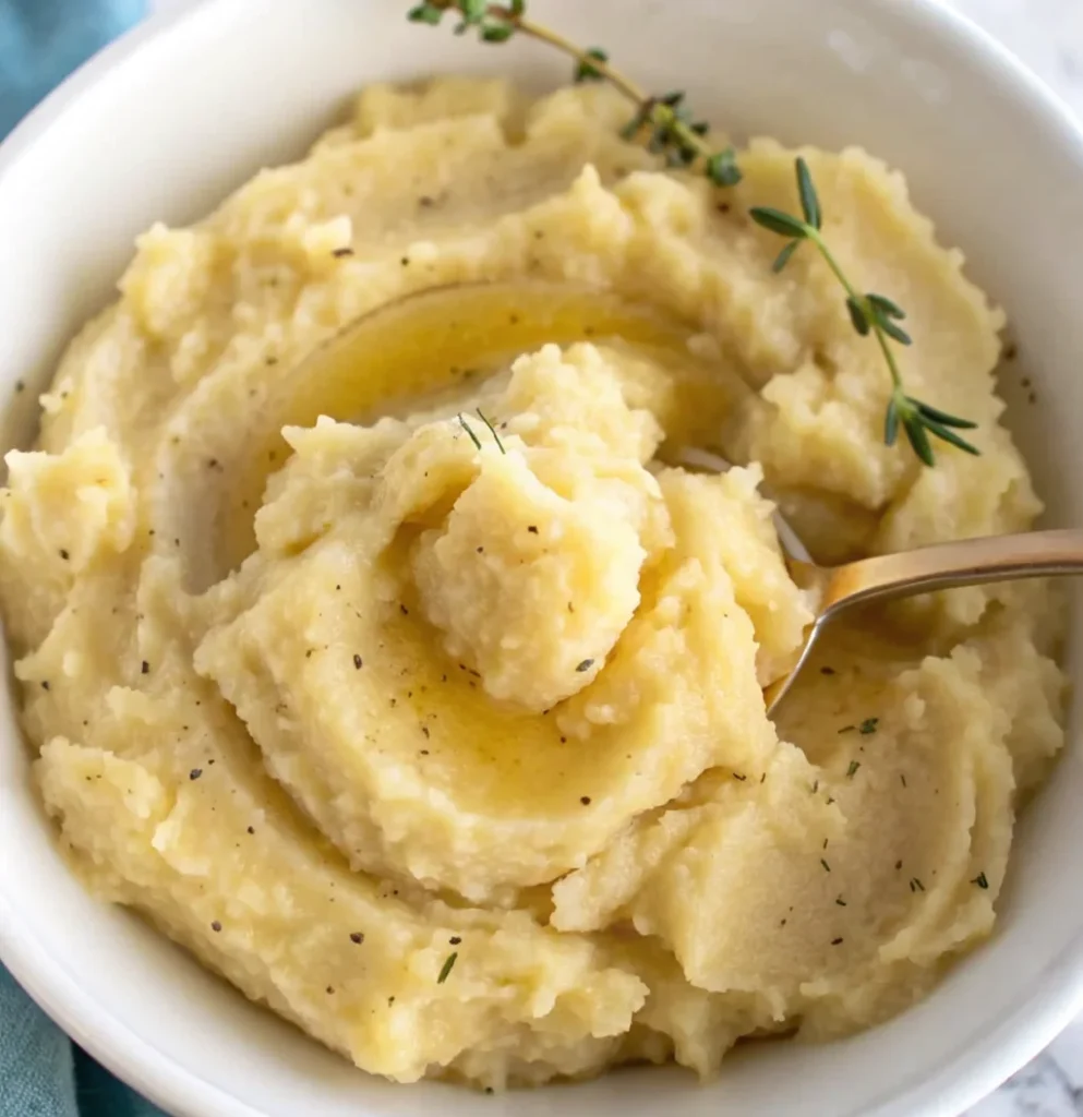 A serving of creamy Mashed Potato Squash in a white bowl, generously drizzled with melted butter and sprinkled with black pepper, and garnished with a sprig of fresh thyme.