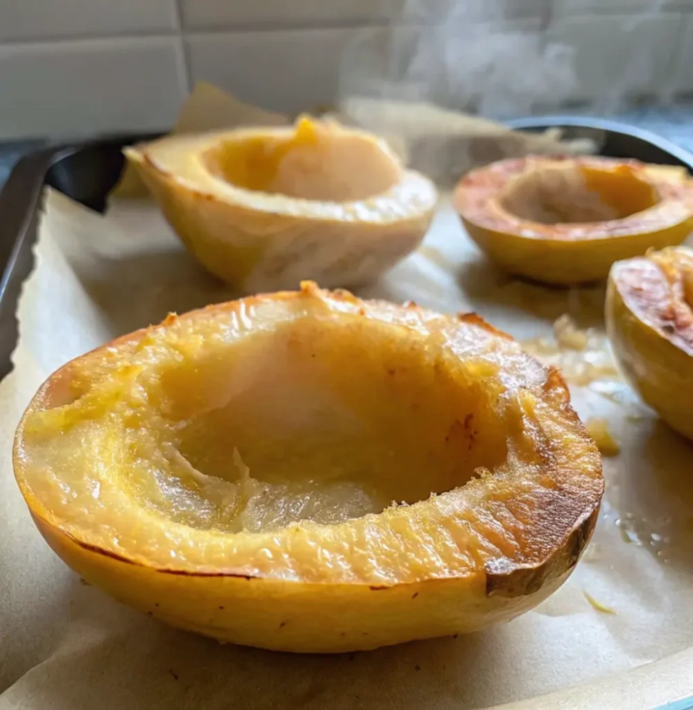 Halved and roasted Mashed Potato Squash (also known as a Sweet Dumpling Squash) steaming on a baking sheet lined with parchment paper, showcasing the tender, golden flesh and caramelized edges.