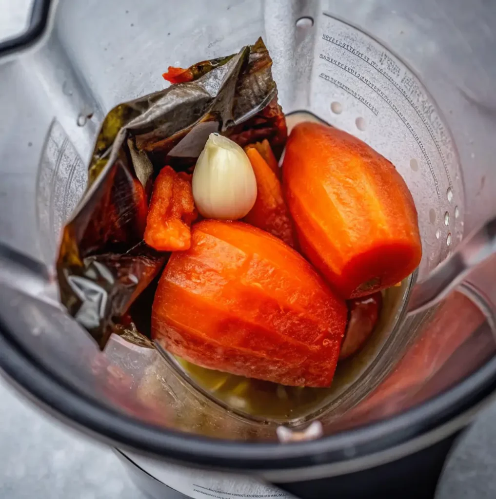 Cooked tomatoes, a garlic clove, and dried chiles are placed inside a blender jar, ready to be pureed for the Mexican hot sauce recipe.