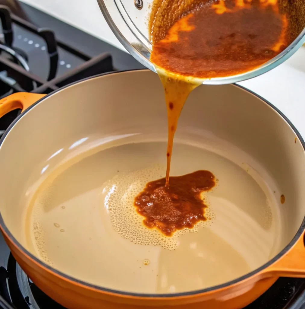 A smooth, thick Mexican hot sauce puree is being poured from a glass blender jar into a shallow, bright orange enameled pot set on a black stovetop, likely for a final cooking step.