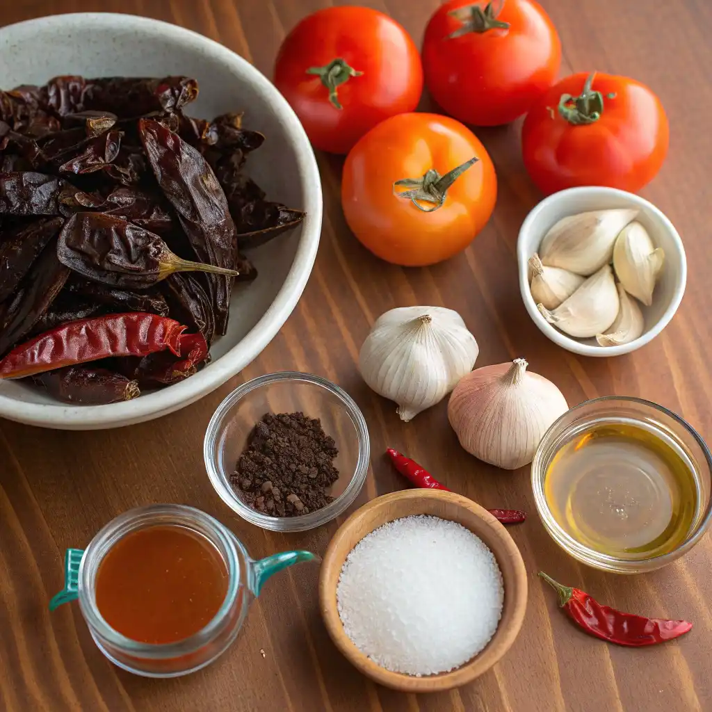 Ingredients for Mexican hot sauce, including dried dark chiles, fresh tomatoes, garlic cloves, salt, oil, and a small amount of liquid, are arranged on a wooden surface.