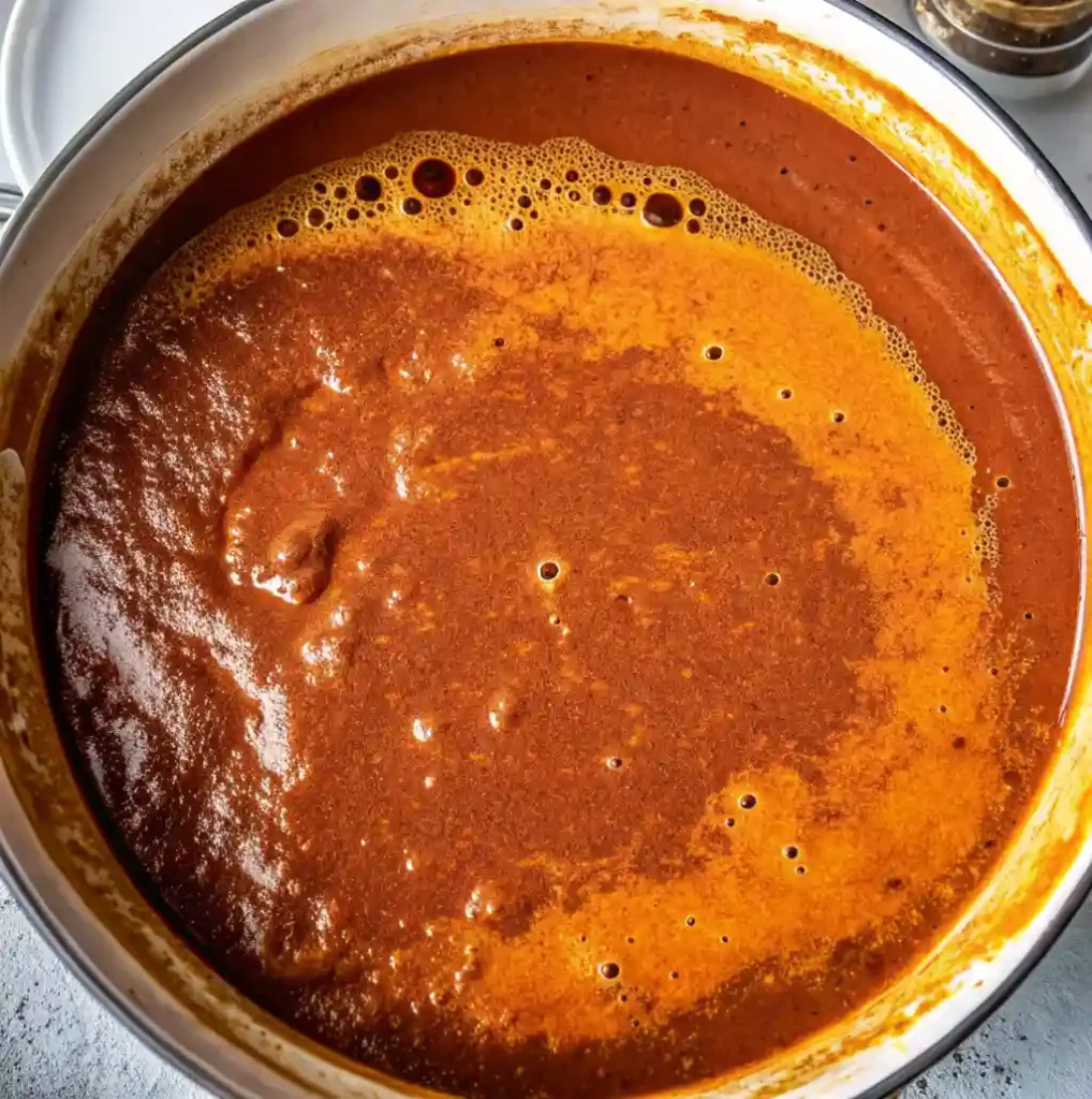 A thick, rich, deep reddish-brown Mexican hot sauce is simmering in a white enameled pot, featuring a frothy, brighter orange oil layer on top, indicating it's nearly finished cooking.