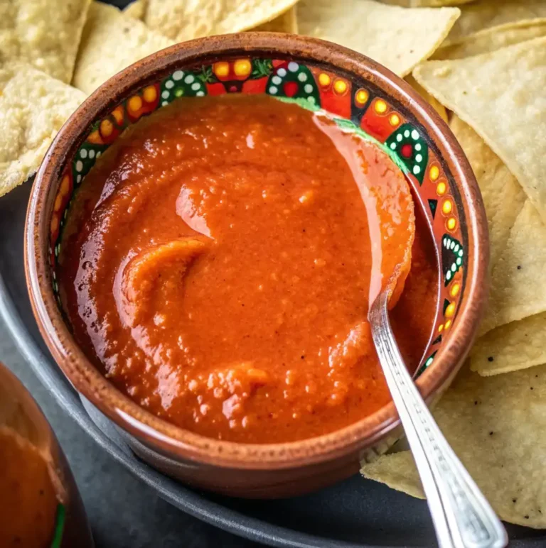 A small, decorative earthenware bowl holds a vibrant, reddish-orange Mexican hot sauce, garnished with a spoon, and is surrounded by a generous pile of light, crispy tortilla chips, ready for dipping.