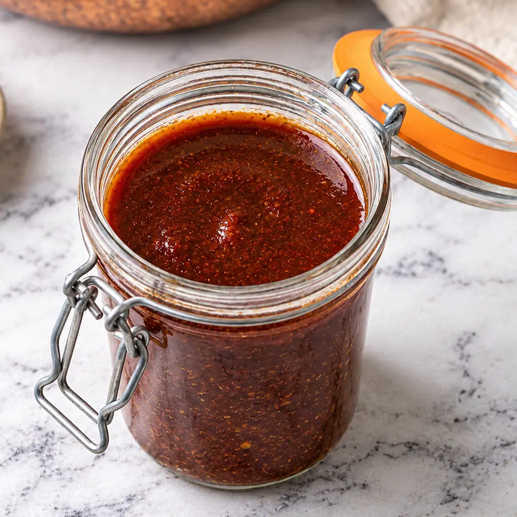 An open glass latch jar filled with rich, deep nashville hot sauce recipe made with cayenne pepper and spices, set on a light marble surface.