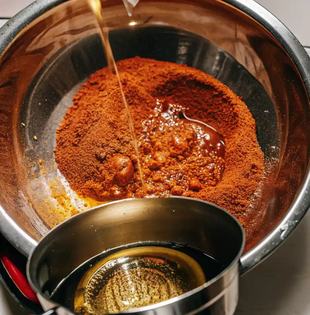 Mix the ingredients for the nashville hot sauce recipe . Pour the boiling oil into a large bowl filled with a mixture of spices.