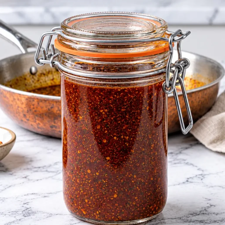 A clear latch glass jar filled with rich, deep nashville hot sauce recipe blended with cayenne pepper and spices, sitting on a light marble countertop next to a skillet.