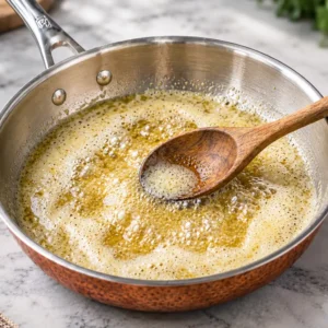 Melted butter simmering and bubbling in a stainless steel skillet, being stirred with a wooden spoon on a light marble surface as the base for Nashville hot sauce recipe.