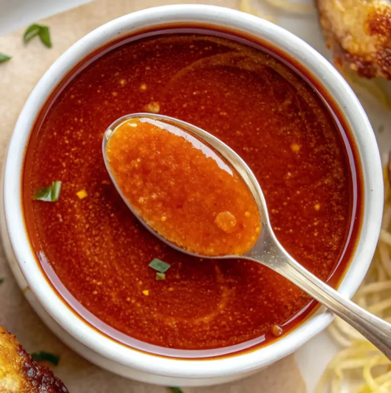 A small white bowl holds the finished, rich red-orange nashville hot sauce recipe, with a spoonful lifted to show its smooth, slightly thick, and glossy texture over a brown paper background.