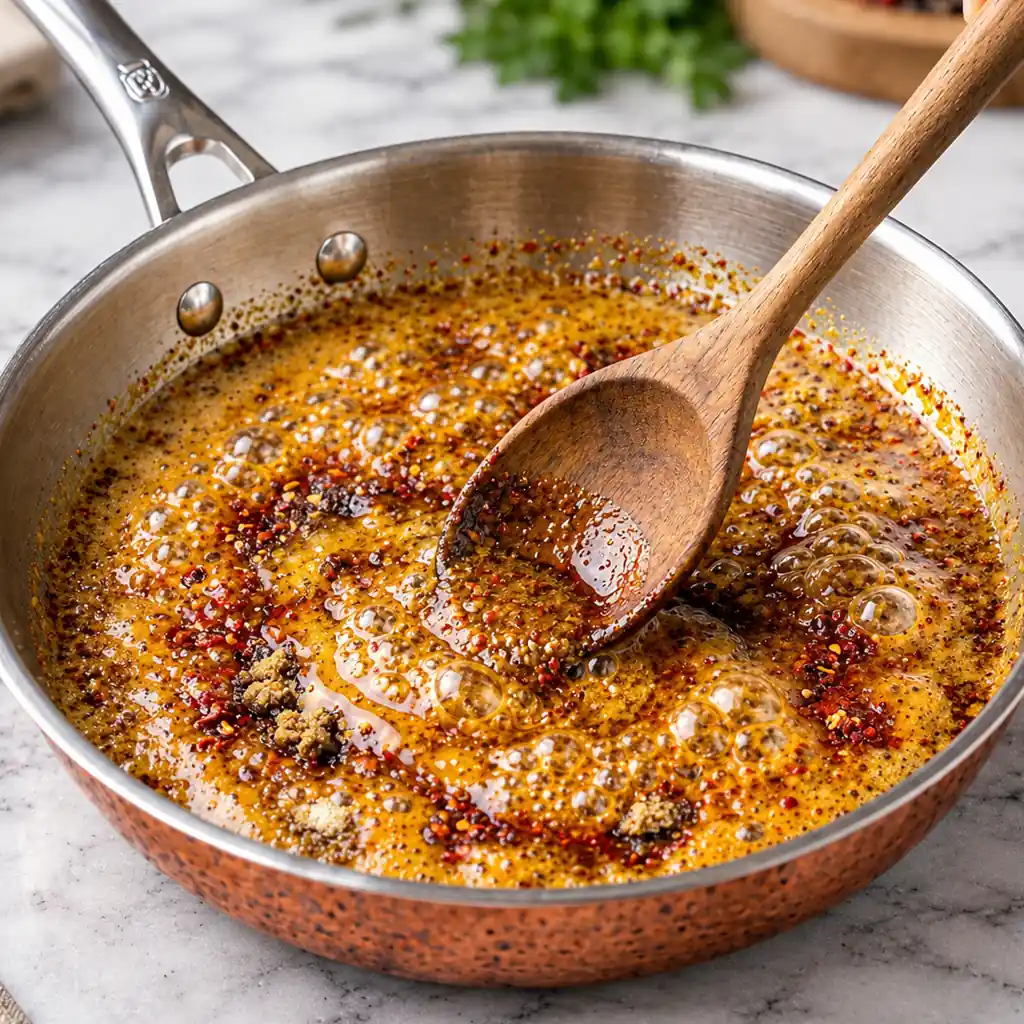 Cayenne pepper, brown sugar, and spices mixing into bubbling melted butter in a skillet with a wooden spoon for a homemade Nashville hot sauce recipe.