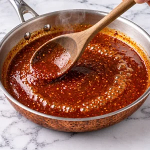 Rich, dark red nashville hot sauce recipe simmering in a stainless steel skillet, stirred with a wooden spoon on a light marble surface as it thickens.