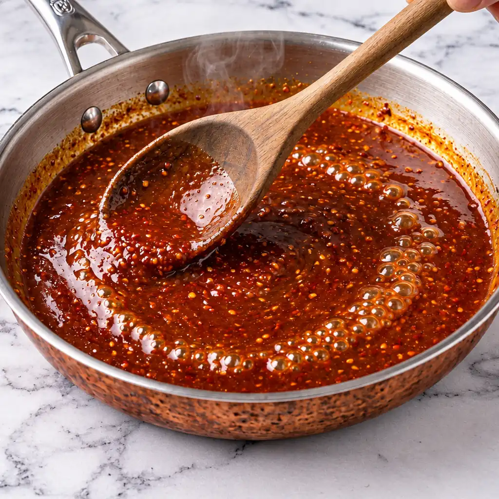 Rich, dark red nashville hot sauce recipe simmering in a stainless steel skillet, stirred with a wooden spoon on a light marble surface as it thickens.