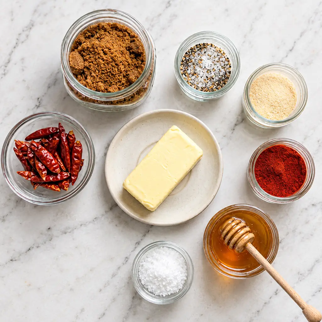 Ingredients for Nashville hot sauce recipe including butter, brown sugar, cayenne pepper, paprika, garlic powder, dried chilies, honey, and salt displayed in small glass bowls on marble.