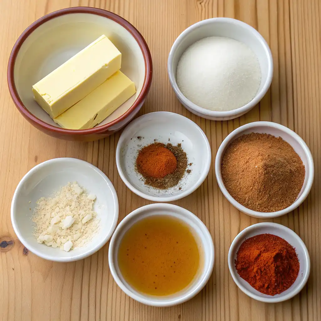 Two sticks of butter, white sugar, light brown sugar, cayenne pepper, honey, garlic powder, and a small mix of spices for a Nashville Hot Sauce recipe.